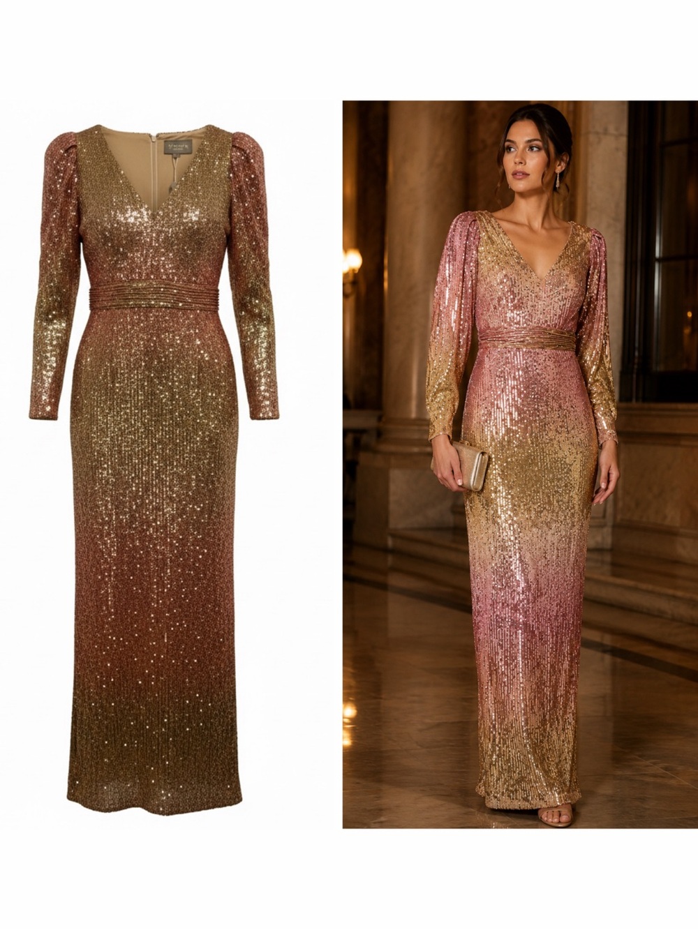 THEIA Gold Pink Sequin Gown Ombre Maxi Long Sleeve 6 Formal Wedding NWT 🟡